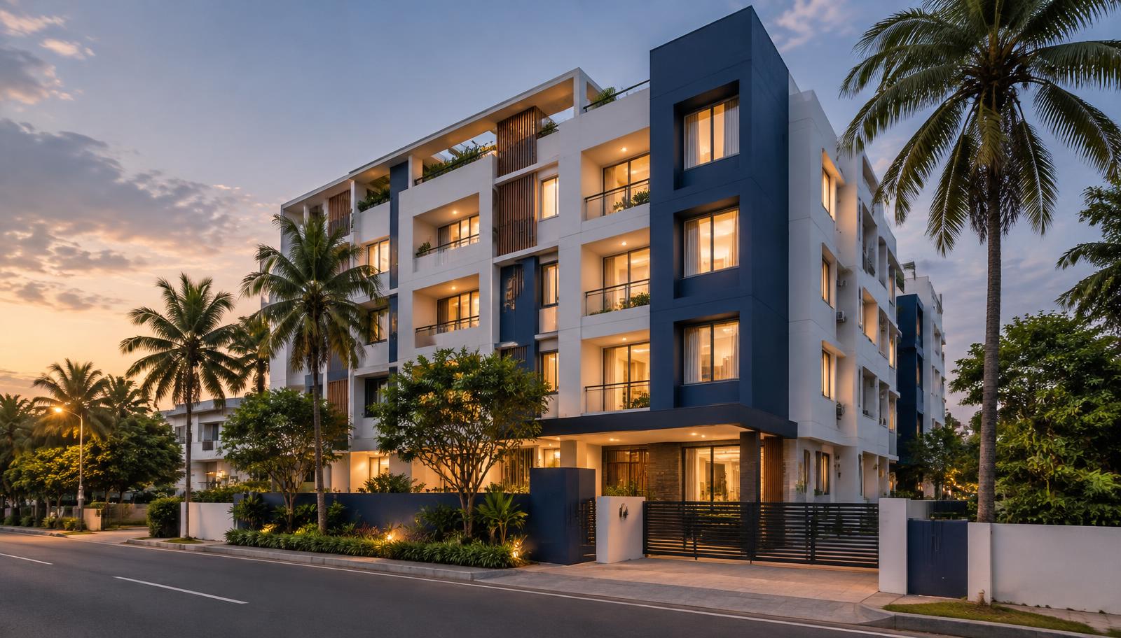 Modern co-living PG building in Bangalore at dusk